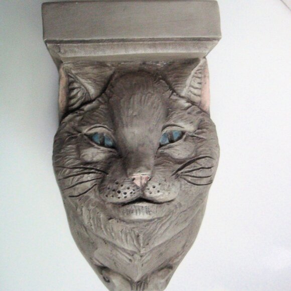 Artist TELLE M. STEIN Blue-Eyed Cat Feline Face 3D Wall Shelf Whimsical Decor - Picture 2 of 11